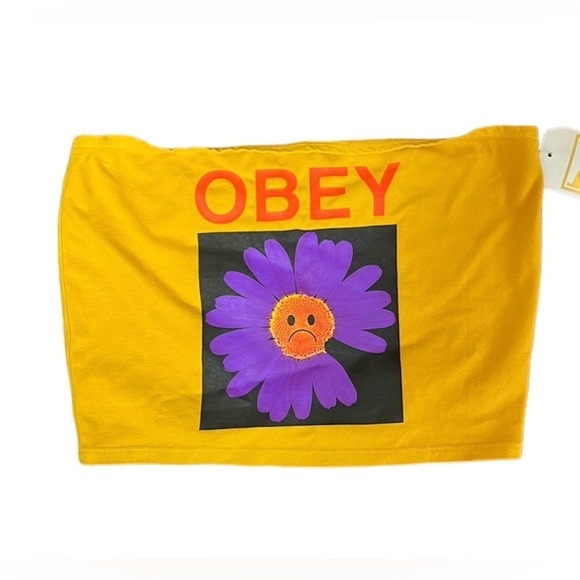 OBEY Worldwide Sad Daisy Bandeau Mustard Strapless Crop Top Size Large NWT - Picture 1 of 7